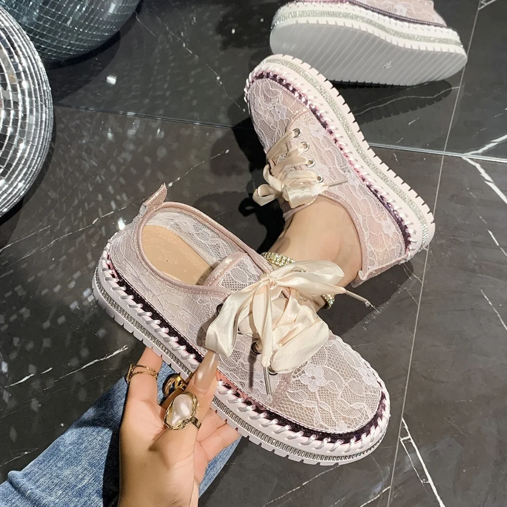 Lace Mesh Rhinestone Platform Sneakers Satin Ribbon Laces Retro Y2K Bling Shoes